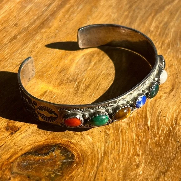 Native American VINTAGE Jerry Bahe Bracelet 6” Multi‎ Stone SSilver cuff 20.43g